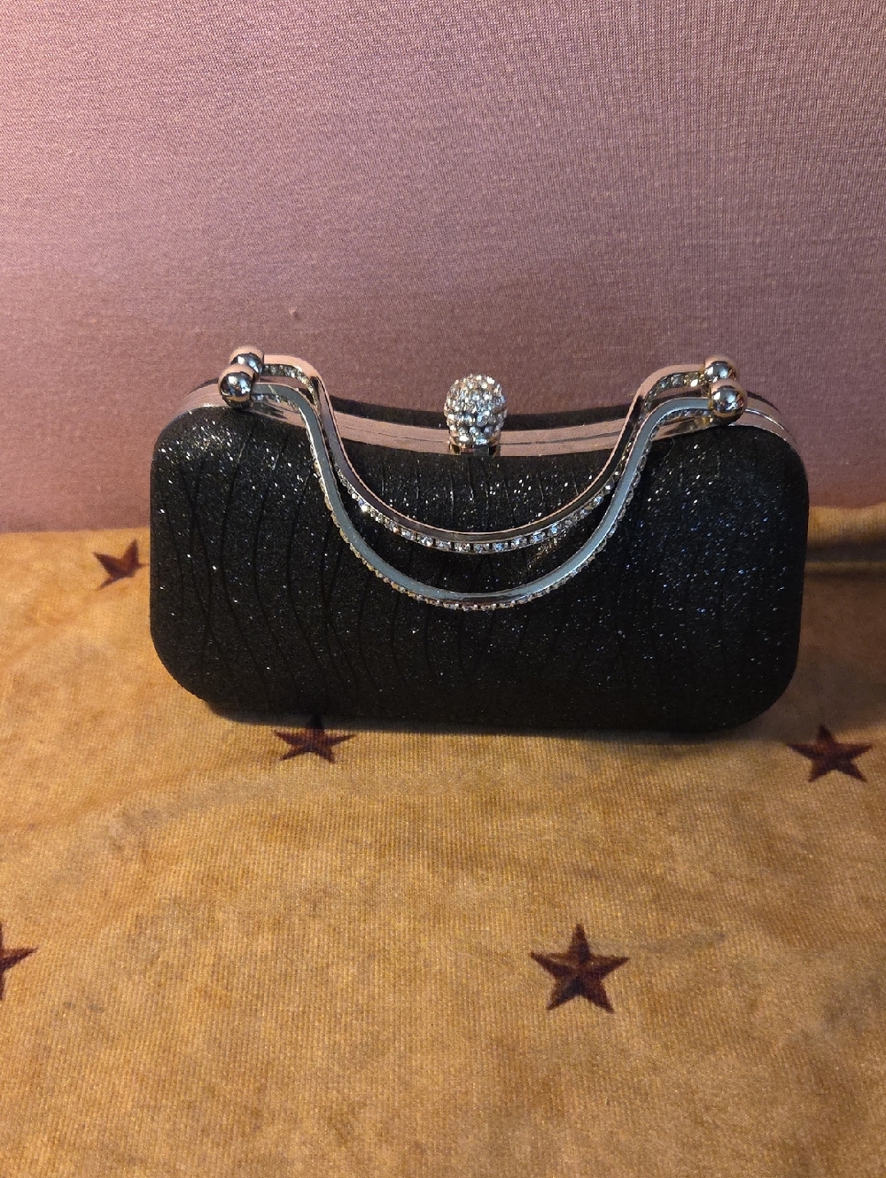 Elegant Black Glitter Evening Clutch with Crystal Accent